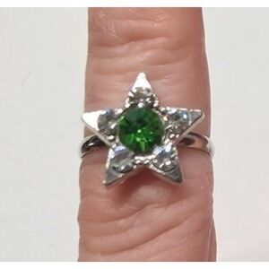 New Star-Shaped Silver Tone Ring Green Clear Stones Kid Midi Celestial Witchy